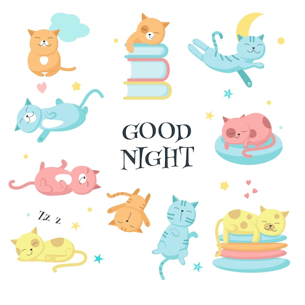 Cute sleeping pet cats vector icon set