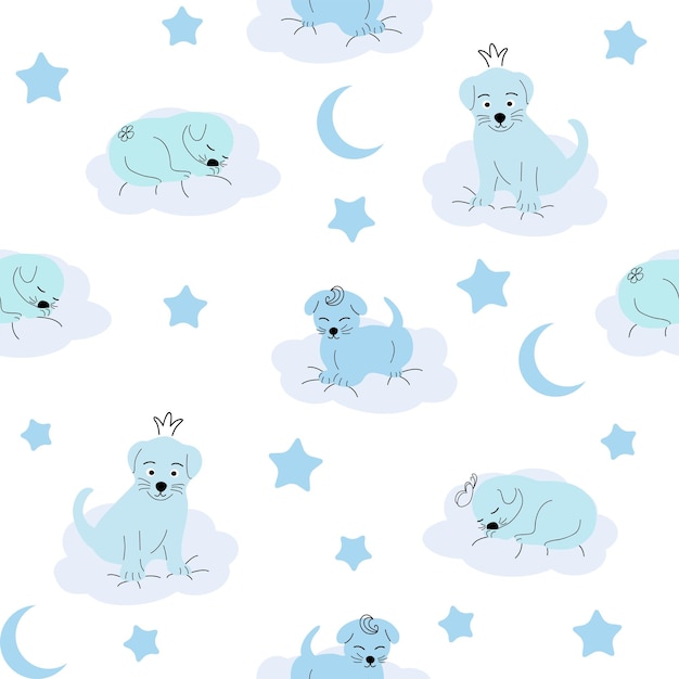 Cute sleeping puppy clouds stars crown butterflies Seamless pattern Gentle colors For newborns