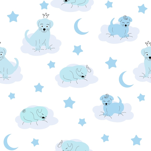 Cute sleeping puppy clouds stars crown butterflies Seamless pattern Gentle colors For newborns