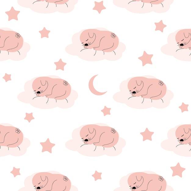 Cute sleeping puppy clouds stars crown butterflies Seamless pattern Gentle colors For newborns