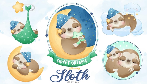 Cute sleeping sloth baby shower with watercolor illustration set