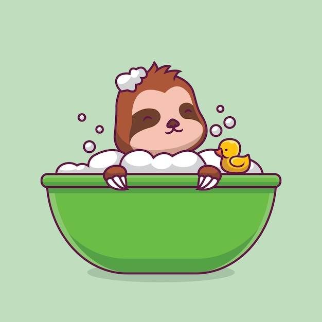 Cute sloth bathing in bathtub cartoon illustration