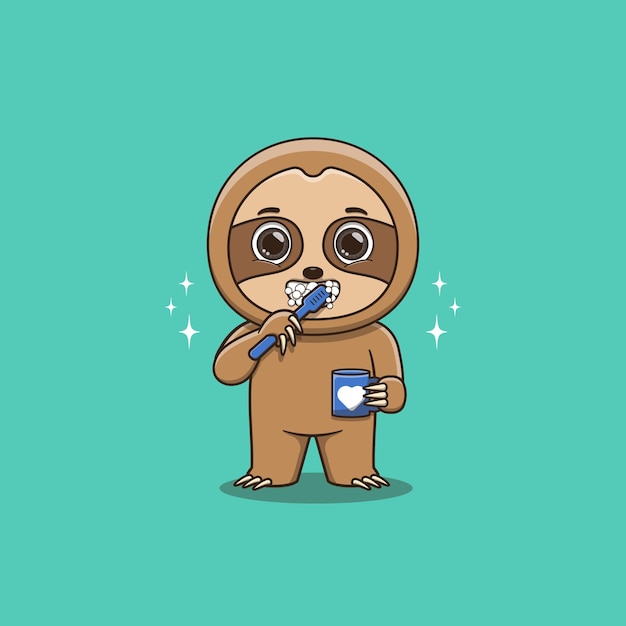 Cute Sloth brushing teeth while holding mug