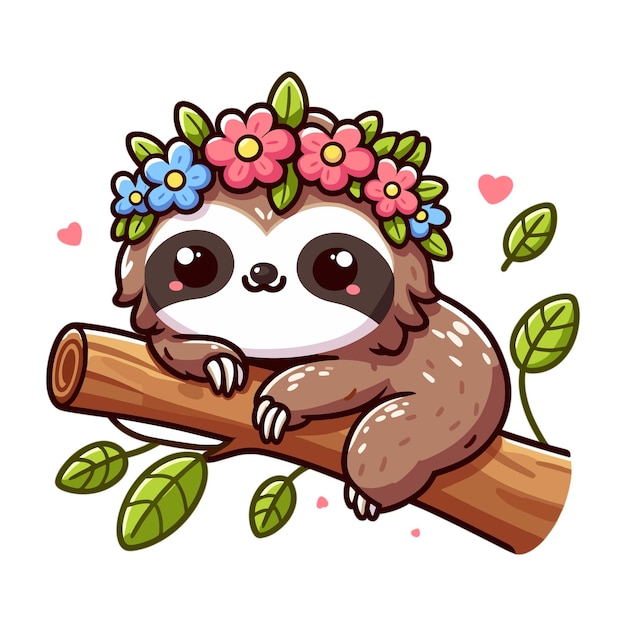 Vector cute sloth cartoon on tree branch with flower crown cartoon vector icon illustration