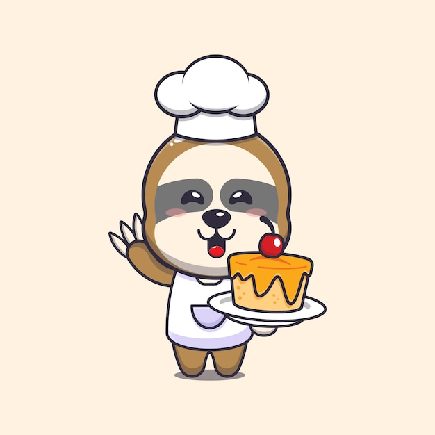 cute sloth chef mascot cartoon character with cake