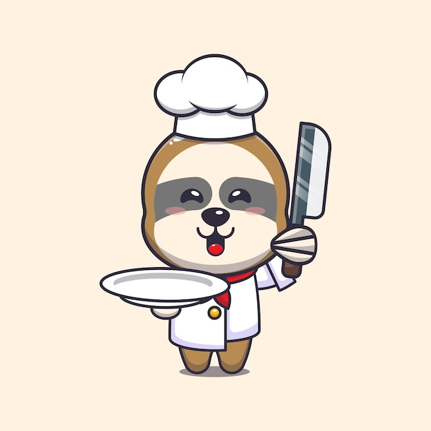 cute sloth chef mascot cartoon character with knife and plate