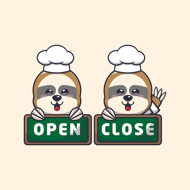 cute sloth chef mascot cartoon character with open and close board