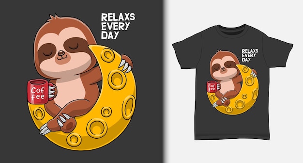 Cute sloth enjoy the coffee on the moon with tshirt design