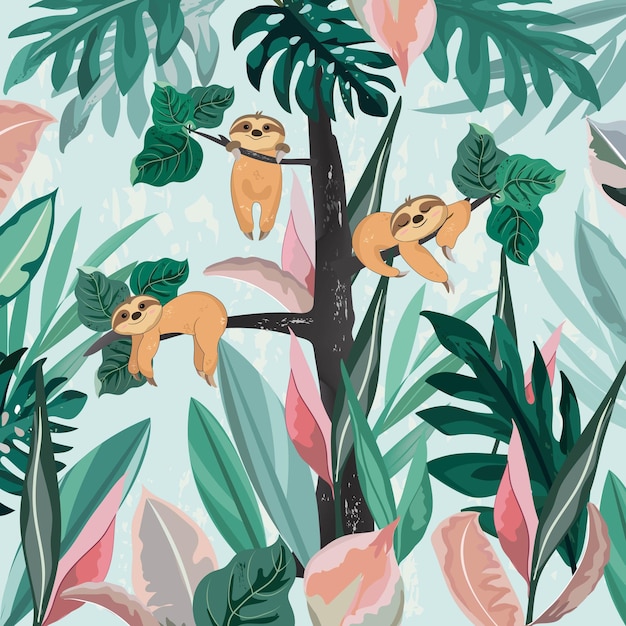 Cute sloth family in tropical forest