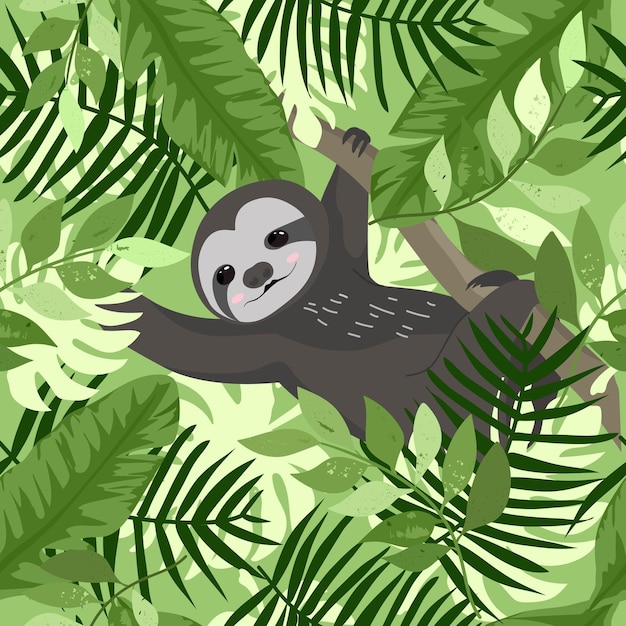 Cute sloth in greeney forest seamless pattern