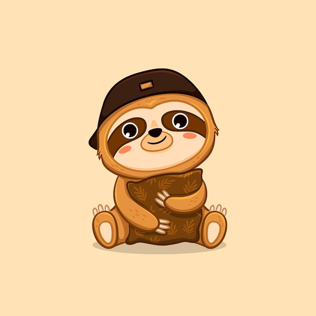 Cute sloth hugging pillow cartoon vector icon illustration