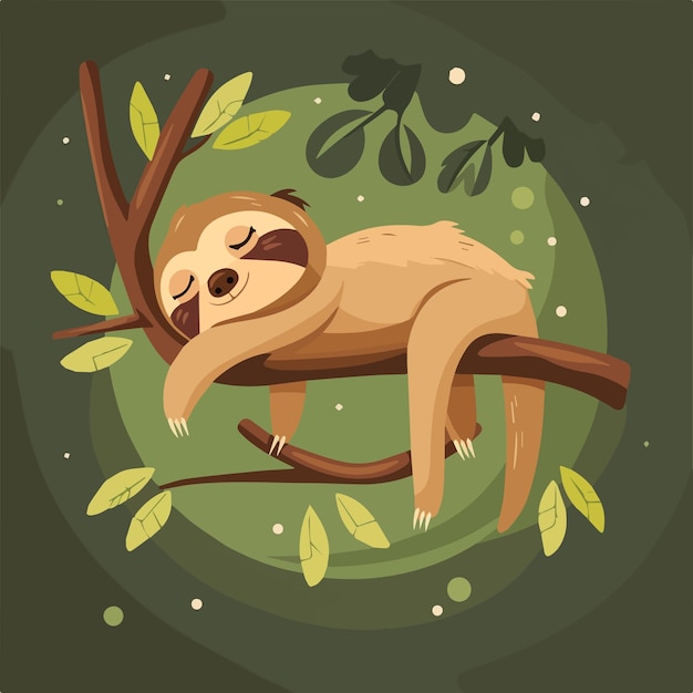 Vector cute sloth sleeping on tree branch adorable animal cartoon illustration wildlife rainforest jungle background