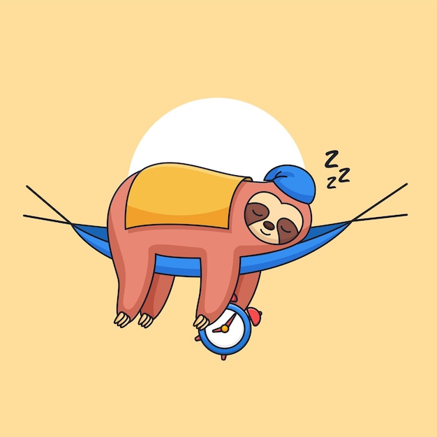 Cute sloth sleeping wearing blanket and holding alarm clock animal cartoon vector illustration