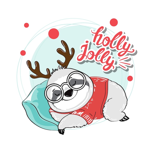 A cute sloth sleeps on a pillow and holly jolly inscription New Year and Merry Christmas postcard