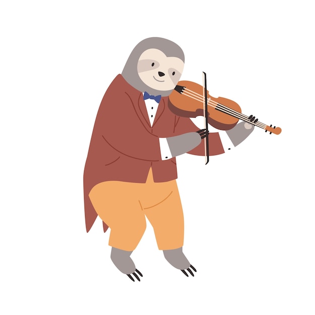 Cute sloth in suit and bow playing fiddle. Animal musician performing classical music on violin. Funny kids character with musical instrument. Flat vector illustration isolated on white background.