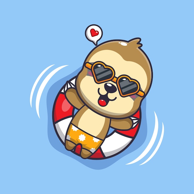 Cute sloth in sunglasses float with buoy Cute summer cartoon illustration