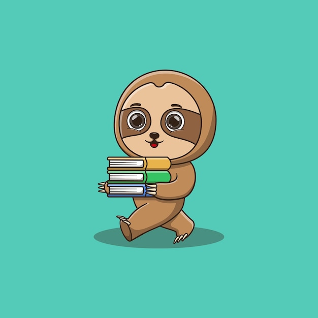 Cute sloth walking and bring some books