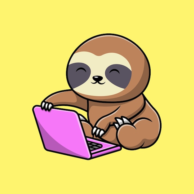 Cute Sloth Working On Laptop Cartoon Vector Icon Illustration