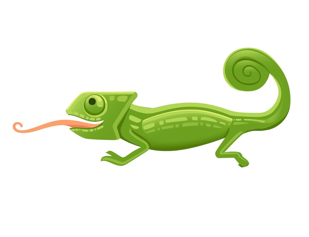 Vector cute small green chameleon with open mouth and long tongue lizard cartoon animal design flat vector illustration isolated on white background.