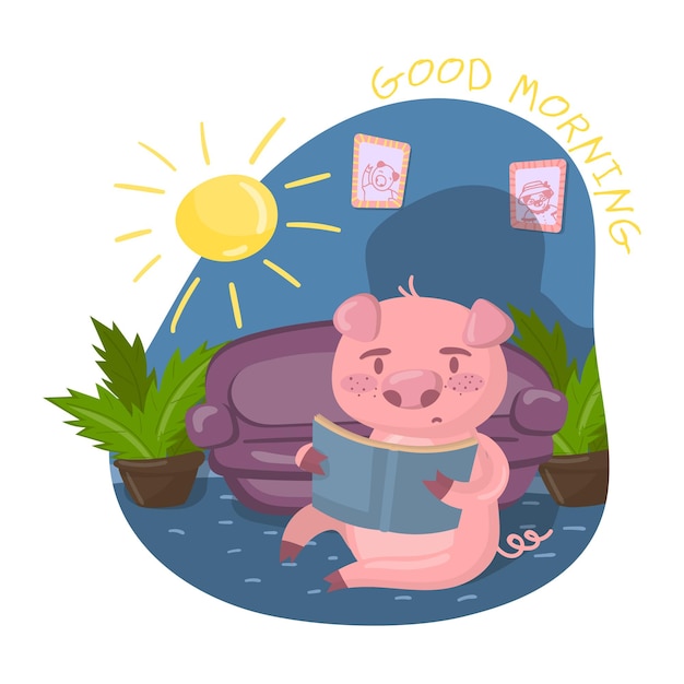 Cute smart pig character reading a book while sitting in living room Good morning vector Illustration in cartoon style colorful design element for poster or banner