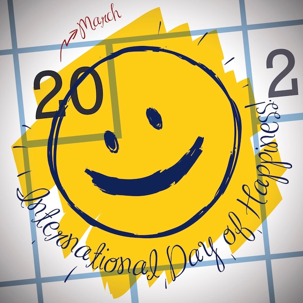 Vector cute smiley doodle face in a calendar grid reminding at you for international day of happiness