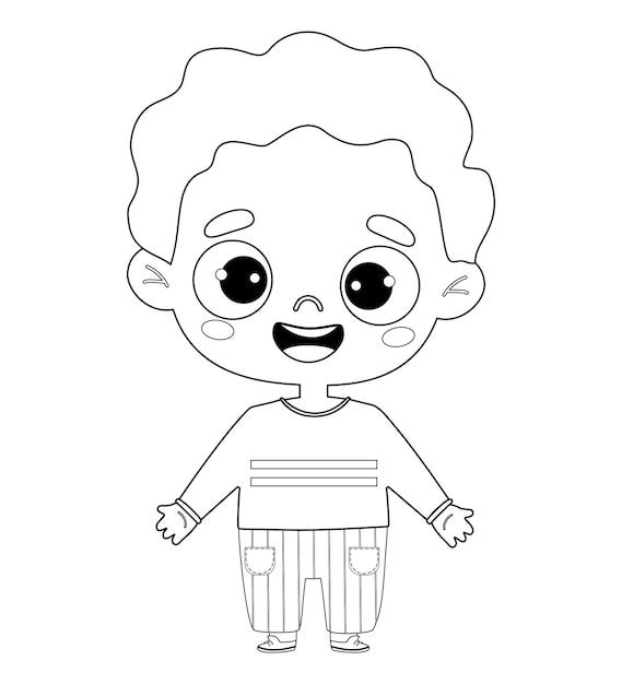 Cute smiling boy Outline drawing coloring book Isolated funny kid on white background