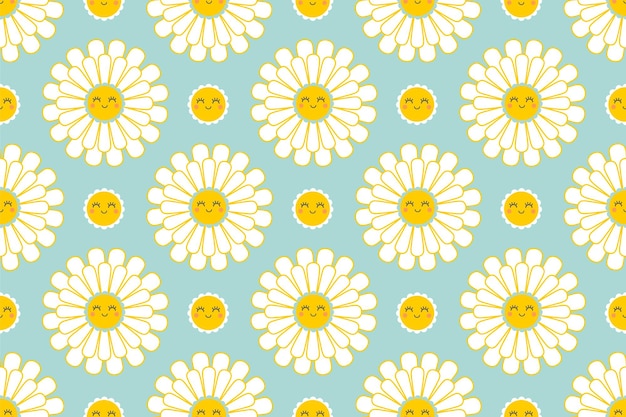 Cute smiling daisy flower seamless pattern. Chamomile with happy emotion.