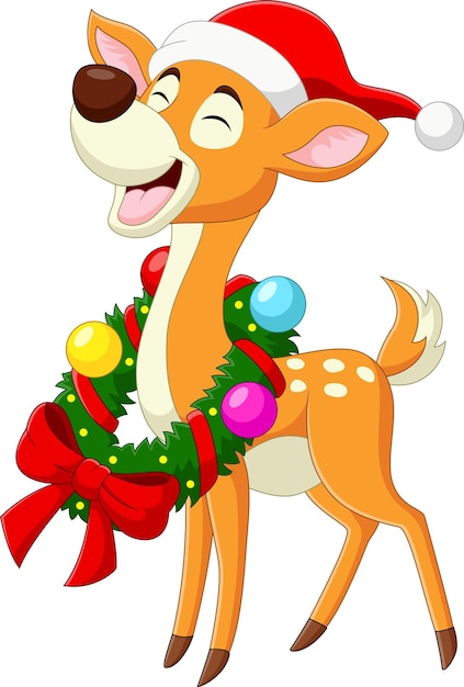 Cute smiling deer cartoon with christmas wreath