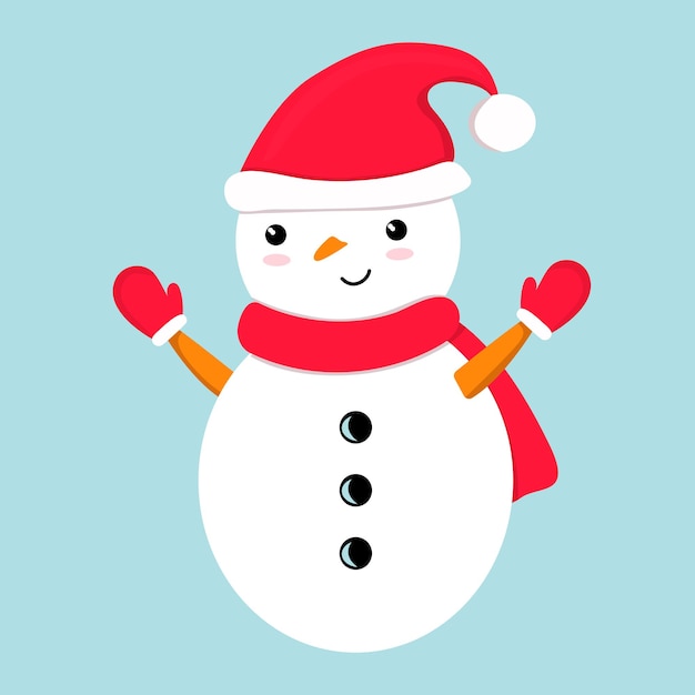 Cute smiling funny snowman in red Santa hat scarf mittens Festive Christmas New Year character