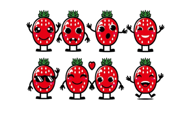 Cute smiling funny strawberry set collection Vector flat cartoon face character mascot illustration