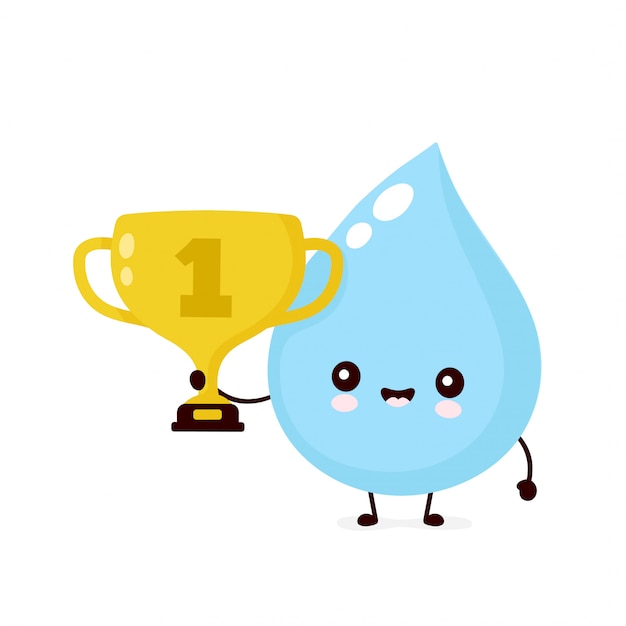 Cute smiling happy water drop hold gold trophy cup.  flat cartoon character illustration  .Isolated on white background. Water drop with winner trophy cup character concept