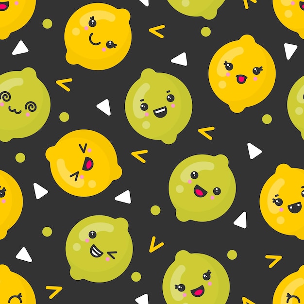 Cute smiling lemon and lime fruits, vector seamless pattern on dark background. Best for textile, backdrop, wrapping paper