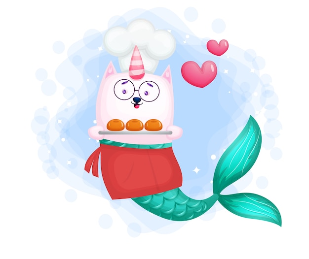 Cute smiling mermaid chef carrying bread cartoon character 