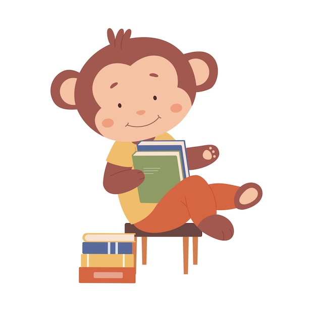 Cute smiling monkey sitting on chair and reading