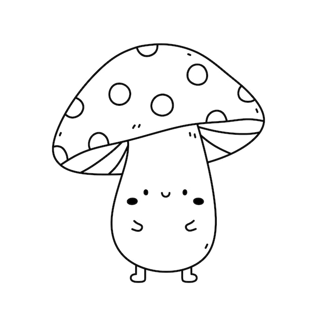 Cute smiling mushroom isolated on white background hand drawn doodle illustration Kawaii character