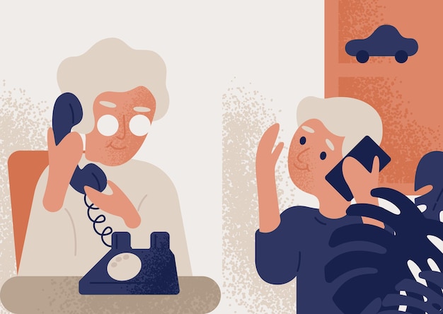 Cute smiling old lady talking on phone to little boy. Granny and grandson communicating through telephone. Conversation or dialog between grandmother and grandchild. Flat colorful vector illustration.