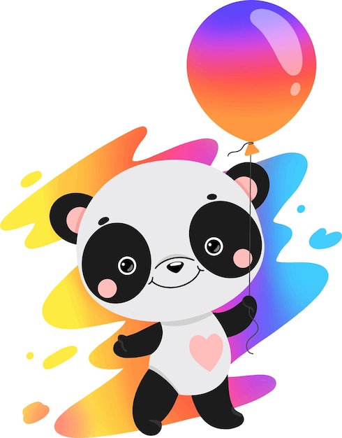 Cute smiling panda holds a multicolored balloon