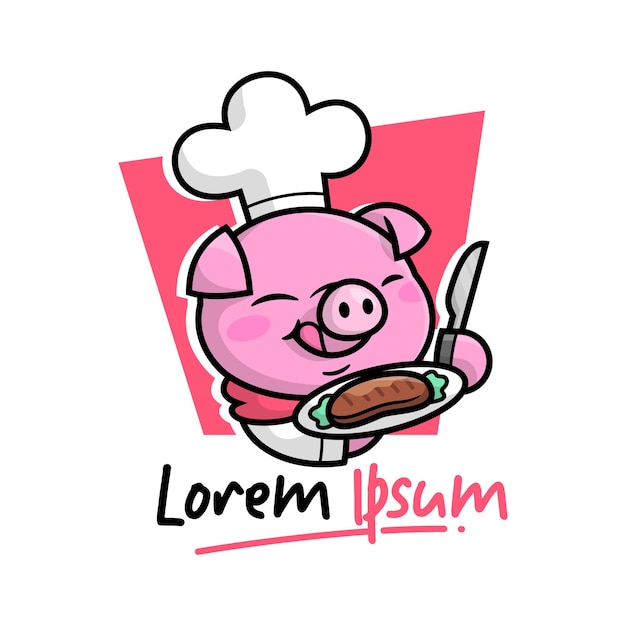 CUTE SMILING PIG WEARING CHEF UNIFORM AND HAT CARTOON MASCOT LOGO