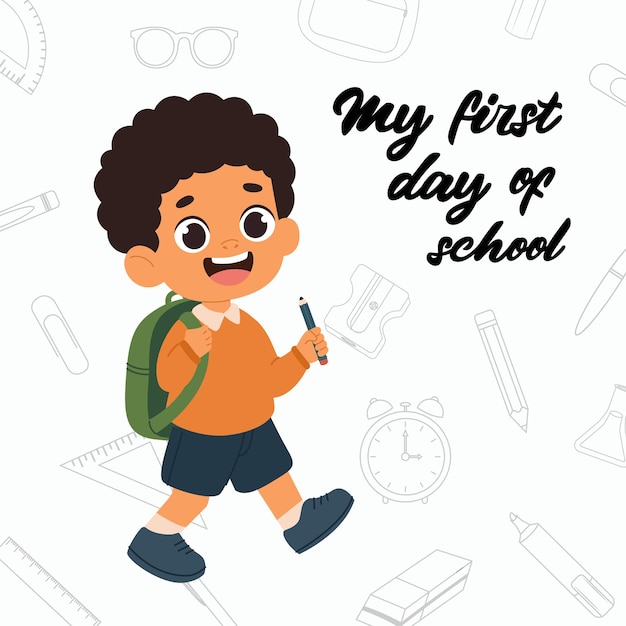 Vector cute smiling pupil boy going to school with backpack and pencil in hand first day of school banner