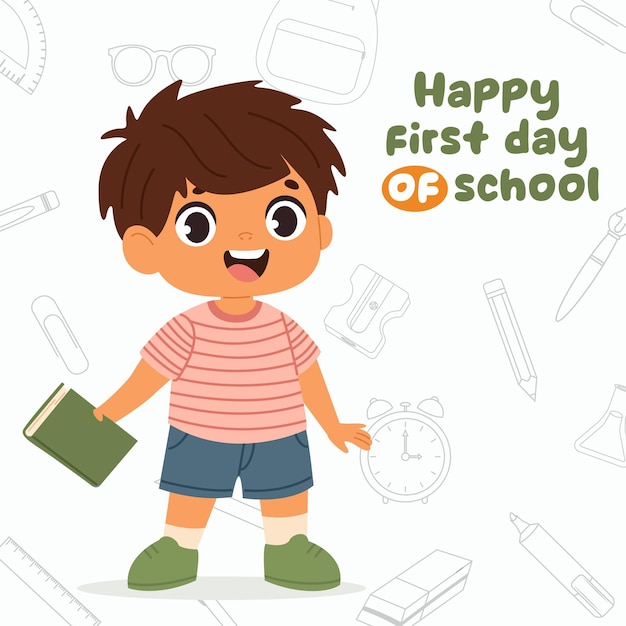 Vector cute smiling pupil boy holding book preschool kid go to school back to schoolxd