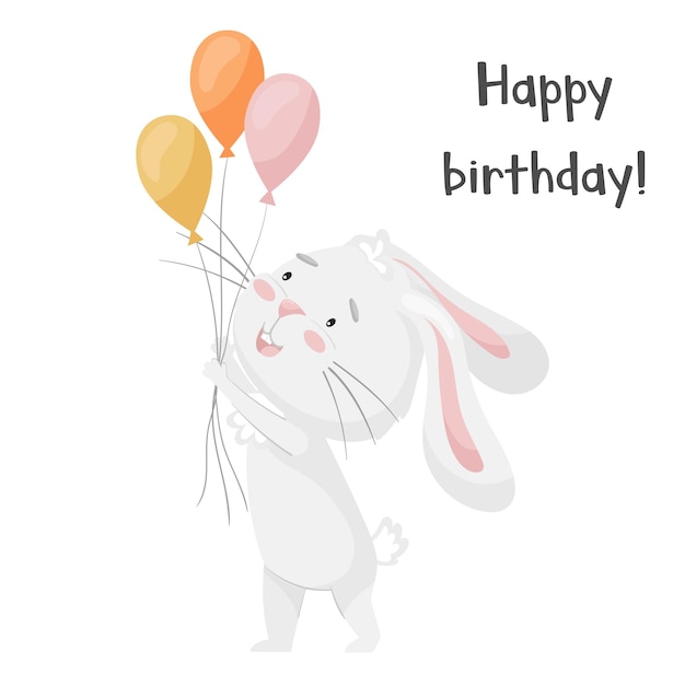 Cute smiling rabbit holding festive balloons in its paws Happy birthday card Adorable animal character in pastel colors For cards clothes t shirt print Vector illustration on white