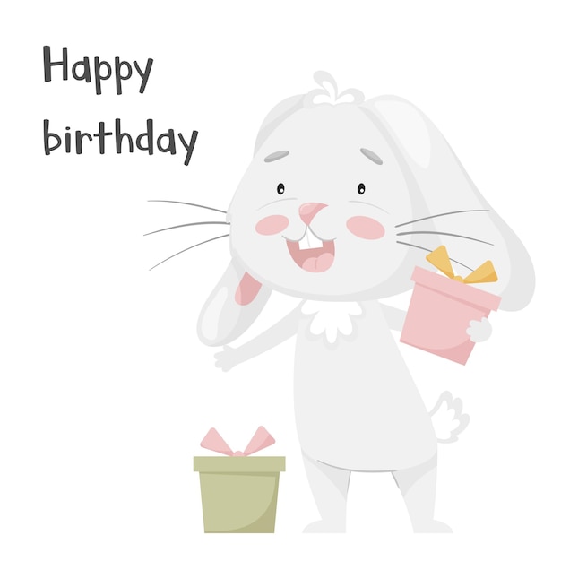 Cute smiling rabbit holding gift boxes Happy birthday card Adorable animal character in pastel colors Kids design For cards clothes t shirt print Vector illustration isolated on white