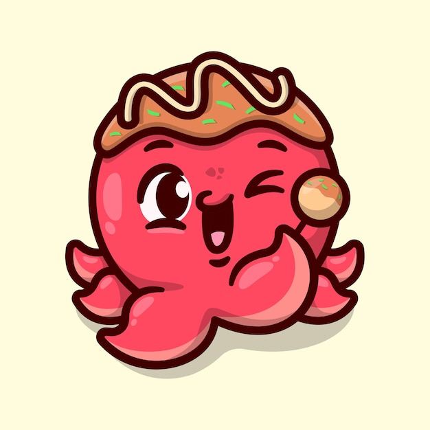 CUTE SMILING RED OCTOPUS WITH BROWN SAUCE ON HIS HEAD AND BRINGING A STICK OF TAKOYAKI HIGH QUALITY CARTOON MASCOT DESIGN