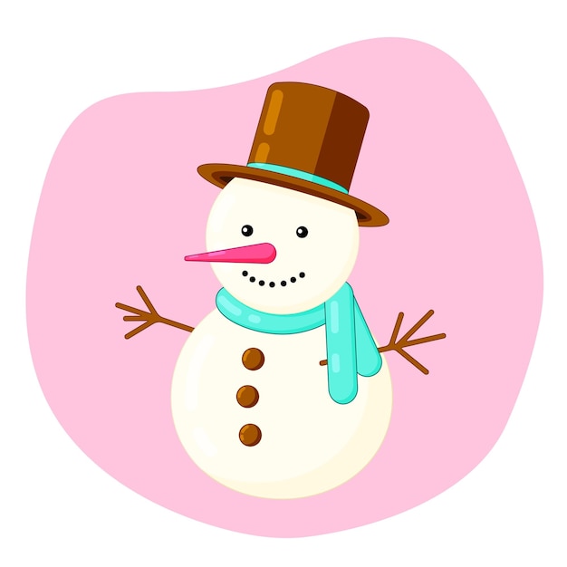 Cute and smiling snowman in scarf and cylinder hat, isolated item, flat cartoon vector illustration.