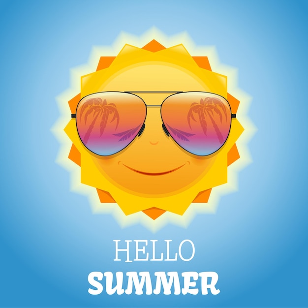 Cute smiling sun in sunglasses. Summer design. Palms are reflected in sunglasses. Hello summer.  illustration