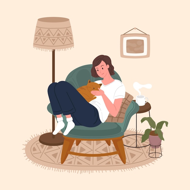 Cute smiling young girl sitting on comfy sofa cat. Adorable woman spending time at home with her pet.