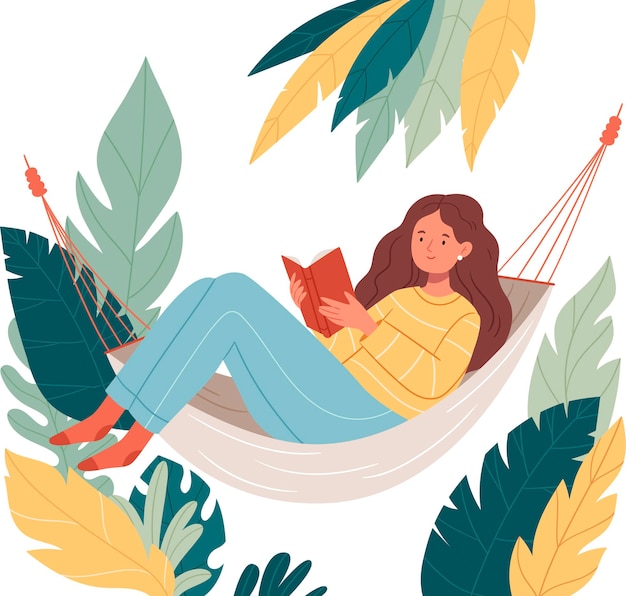 Vector cute smiling young woman lies on hammock and reading a book