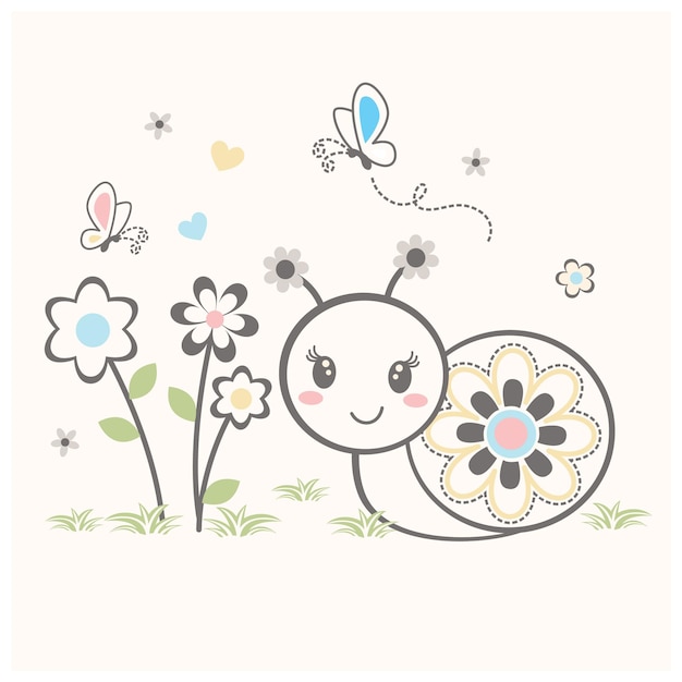 cute snail in flower garden vector illustration