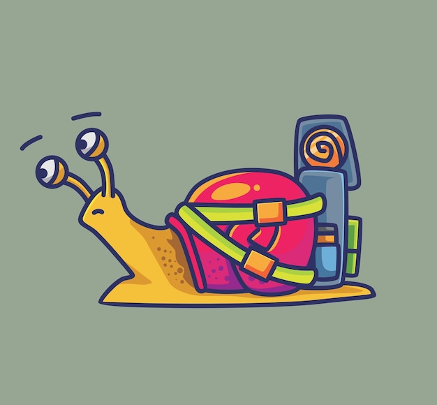 Cute snail ready for vacation camping bring a travel bag animal flat cartoon style illustration icon