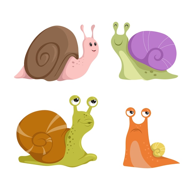 Cute snails set Different types and emotions funny snail characters collection Vector Illustrations isolated on white background